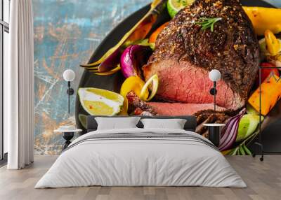 Club Beef steak with pepper sauce and Grilled vegetables on dark wooden background. Roas beef. Copy space. Wall mural