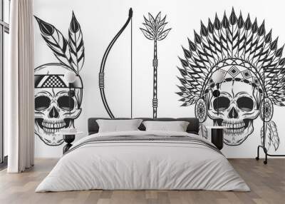 Set of skull in indian headwear in monochrome style. Vector illustration Wall mural