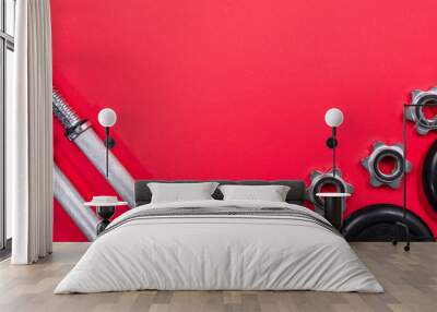 Fitness concept with Gym equipment on red background.Barbell and weights for workout Wall mural