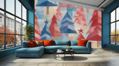 Geometric pattern of colorful Christmas trees and stars in a winter theme, abstract design copy space Wall mural