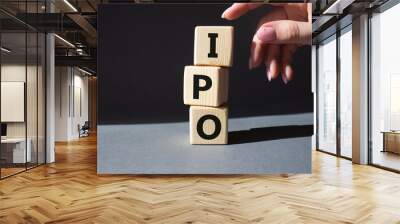 IPO- Initial Public Offering symbol. Concept word IPO on wooden cubes. Businessman hand. Beautiful grey background. Business and IPO concept. Copy space. Wall mural