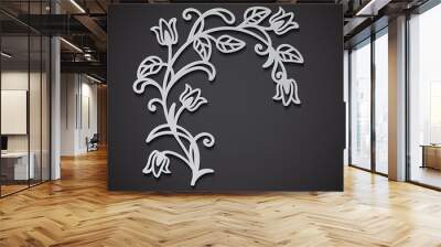 Laser cut template of floral branch. Spring flowers and leaves in 3D white paper style. Cut abstract silhouette for Valentine's day. Fit to wood carving, diecut pattern. Vector illustration background Wall mural