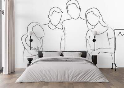 Linear sketch drawing. Loving family line art illustration. Isolated on white background. Wall mural