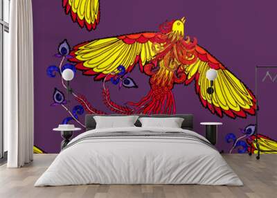 Creative seamless pattern with hand drawn chinese art elements: phoenix, lantern, fan and flowers. Trendy print. Fantasy chinese phoenix, great design for any purposes. Asian culture. Abstract art. Wall mural