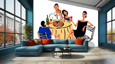 Illustration of a group of people who are sitting at a table, eating pizza, drinking wine and chatting. Bright and creative print.
 Wall mural