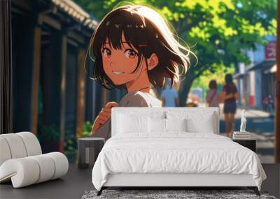 portrait of a pretty happy anime girl on sunny day Wall mural