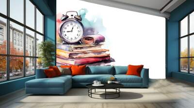 Ready for school concept background with books, alarm clock and accessory. Watercolor illustration isolation on white. Wall mural