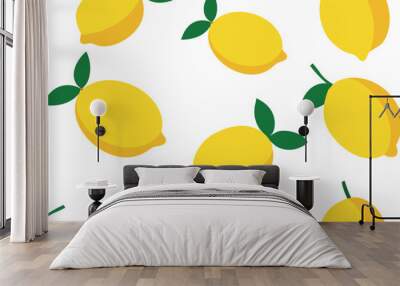 Summer flat vector seamless pattern with yellow juicy lemons on the white background Wall mural