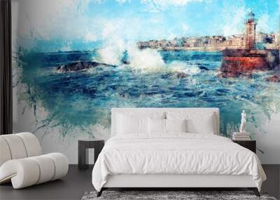 The waves of the Atlantic Ocean crash against the rocks at sunset by the lighthouse Wall mural