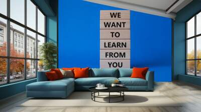 We want to learn from you symbol. Wooden blocks with words We want to learn from you. Beautiful blue background. Business and We want to learn from you. Copy space. Wall mural