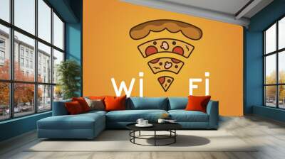 Wi fi text and pizza slice on yellow background. Vector illustration. Wall mural