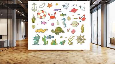 Big set of marine. Sea theme. Cute cartoon turtle starfish, funny fish, jellyfish and sea horse, seaweed and a bottle with a note. Wall mural