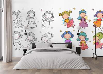 Cute little cartoon fairy girls. Elves princesses with wings. Illustration for children s t-shirt . Illustration for coloring books. Monochrome and colored versions. Wall mural