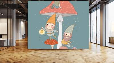 Three cute cartoon gnomes. Forest elves. Fairy tale characters. Wall mural