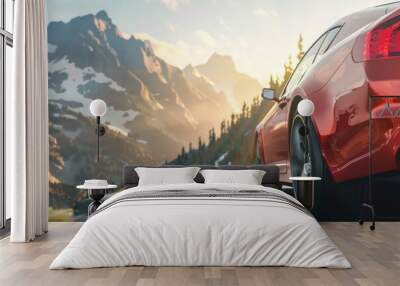 A modern car driving on a winding mountain road at sunset Wall mural