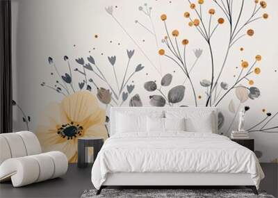 Delicate floral arrangement featuring yellow flowers and greenery against a soft neutral background in a modern design Wall mural