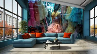 Young girl in a pastel pink dress exploring a vibrant clothing store filled with colorful dresses during the day Wall mural