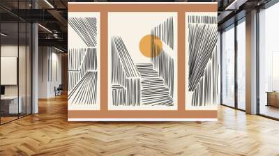 A set of three abstract architectural minimalist backgrounds. Drawn striped illustrations for wall decoration, postcard or brochure, cover design, storytelling, social media, app design. Wall mural