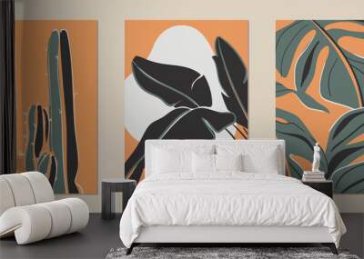 A set of three abstract minimalist aesthetic floral illustrations. Dark silhouettes of plants on a light background. Modern vector posters for social media, web design in vintage scandinavian style. Wall mural