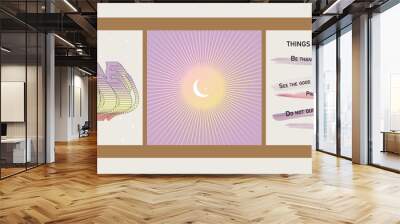 A set of three aesthetic posters with text templates. Minimalistic posters with positive phrases for social media, cover design, web. Vintage illustrations with geometric shapes, gradients, lines. Wall mural