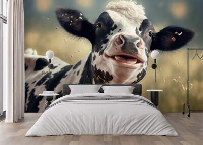 AI generative illustration of happy smiling cow on blurred background. Wall mural