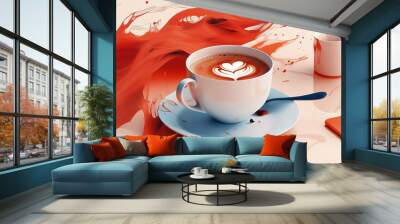 Artistic coffee cup with heart latte art surrounded by red abstract splashes Wall mural