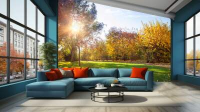 Autumn park, brightly lit by the sun. Yellow and orange trees, fallen yellow leaves and green lawn. Wall mural