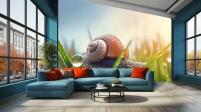 Banner snail in grass with morning dew. Grass and clover leaves in droplets of water in spring summer nature on background blue sky with clouds. Ai generative. Wall mural