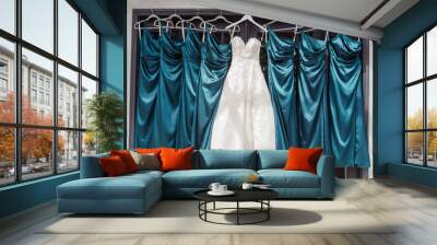 Bridesmaid's dress, white wedding dress hanging next to blue bridesmaid dresses Wall mural