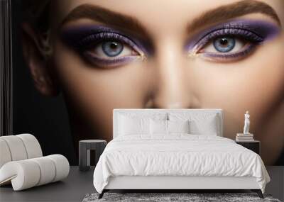 Close up of beautiful woman purple eye make up. Ai generative. Wall mural