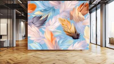 Colorful feathers floating in the air, pastel tones, light and airy design Wall mural