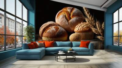 Crusty loaves of bread and buns on black background. Ai generative. Wall mural