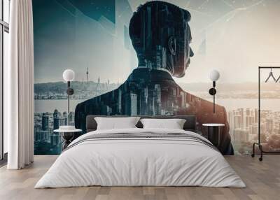 Double exposure image of business person on modern city background. Ai generative. Wall mural