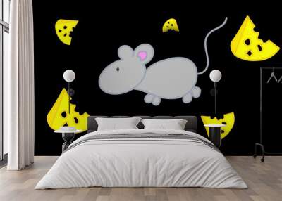 Cartoon pattern of cheese and mice. Pattern for children. Illustration with mice and a slice of cheese for printing on fabric, paper, bed linen, pajamas, stationery, wallpaper, notepads, dishes.	 Wall mural