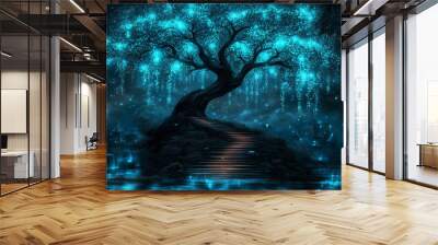 Glowing blue tree with hanging lights by a pond in a mystical forest, magical night landscape Wall mural