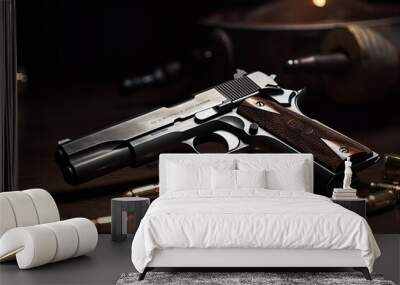 Gun and bullets strewn on the rustic oak table. Ai generative. Wall mural