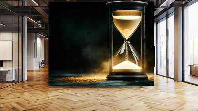 Illuminated hourglass with flowing sand against dark dramatic background Wall mural