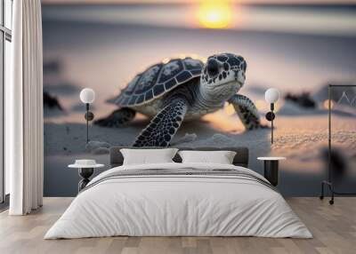 Little turtle on a white beach. Ai generative. Wall mural