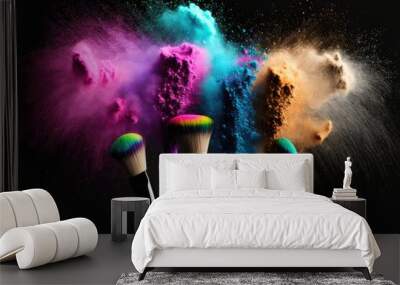 Make-up brush with rainbow colorful powder explosion on pure background, AI generative. Wall mural