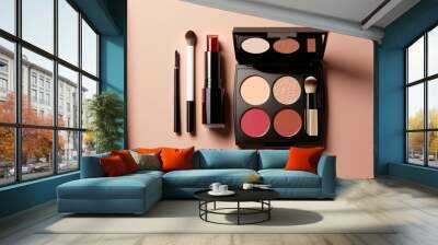 Make up professional cosmetics on beige background. Powder, lipstick, shadow, brushes. Ai generative. Wall mural