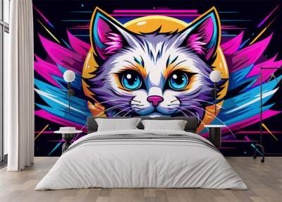 Neon futuristic cat illustration with wings, vibrant colors, fantasy concept Wall mural