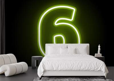 Green neon number 6 with glow on black background. Blur effect is made with mesh. Vector illustration Wall mural