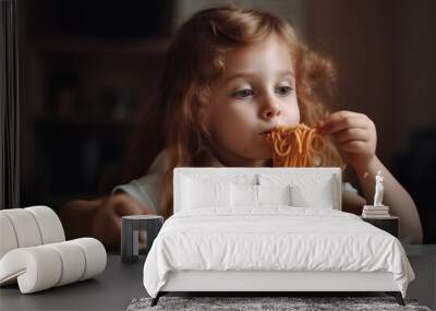 Portrait little girl eating bolognese spaghetti. Ai generative. Wall mural