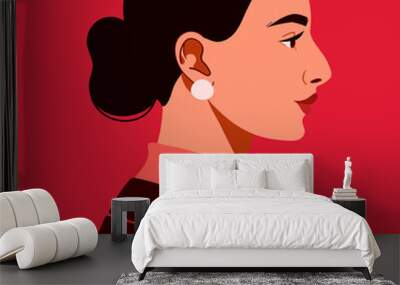 Portrait of a charming woman in profile. Beautiful girl with brown eyes, black hair, bun. Happy female student in a jacket and turtleneck. Vector illustration for a profile avatar in a social media. Wall mural