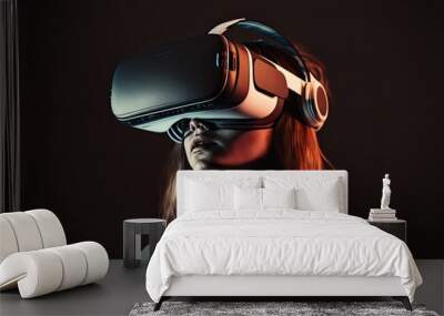 Portrait of of a young woman wearing a VR headset and playing virtual reality game in metaverse. Studio lighting, epic atmosphere, AI generative Wall mural