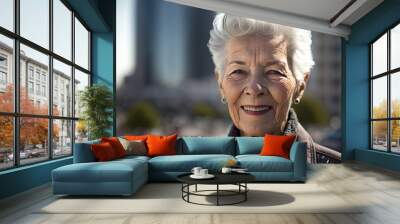 Portrait of smiling senior woman with gray hair with a blurred city in the background. Ai generative. Wall mural