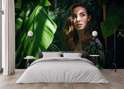 Portrait of young and beautiful woman in tropical leaves. Ai generative. Wall mural