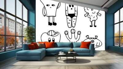 Set of six vector illustrations. Various badges, stickers with cartoon characters. Funny strange monsters. Halloween celebration. Wall mural