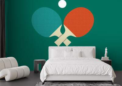 Table tennis flat icon. Ping Pong Icon. Two rackets and a ball on a blue background. Wall mural