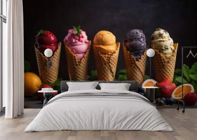 Various of ice cream flavor in cones blueberry, strawberry, pistachio, almond, orange and cherry setup on dark stone background. Ai generative. Wall mural